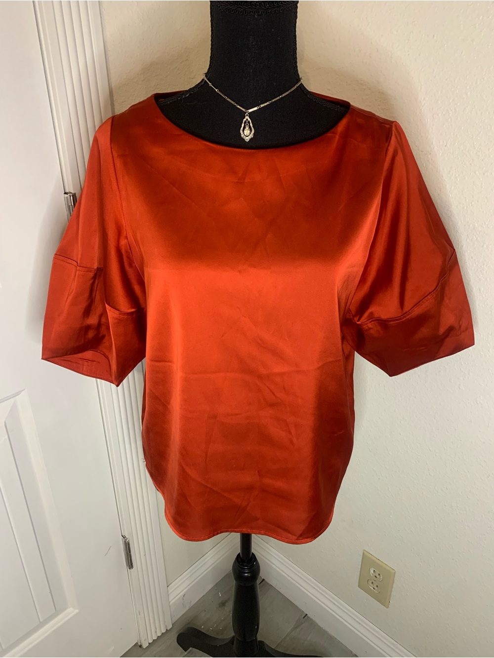 Satin Short-Sleeve Blouse - Rust Orange